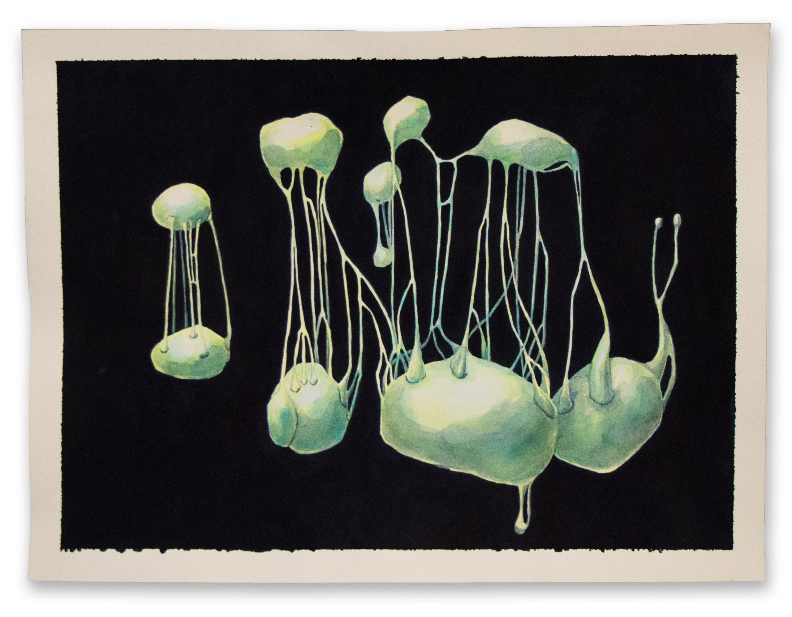 Watercolour artwork on paper in dark, whites, teals and yellows. Reminiscent of floating dream forms in space or the ocean.