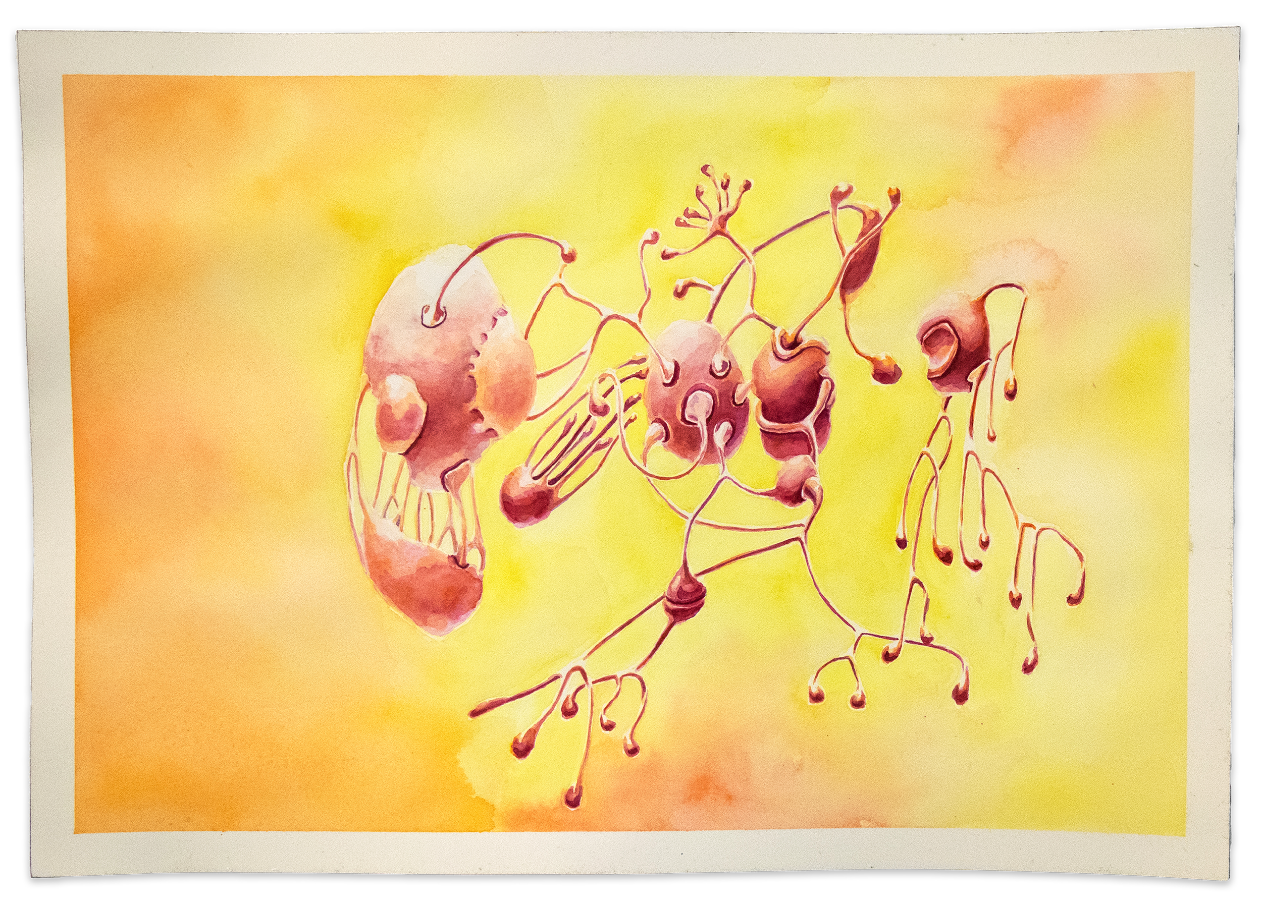 Watercolour artwork on paper in dark, whites, teals and yellows. Reminiscent of floating dream forms in space or the ocean.