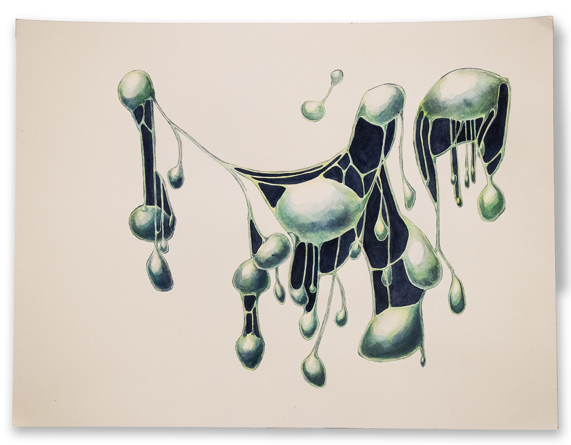 Watercolour artwork on paper in dark, whites, teals and yellows. Reminiscent of floating dream forms in space or the ocean.